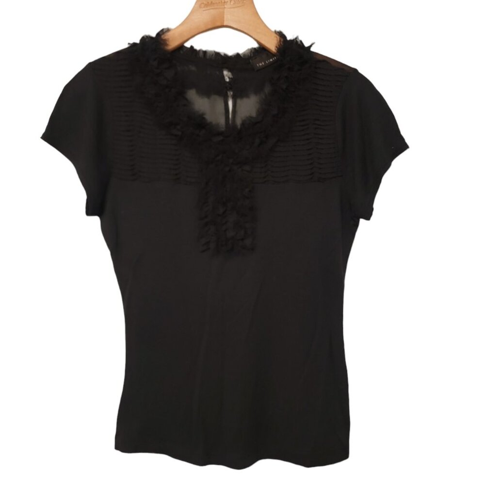 The Limited Blouse Faux Feather Neckline Career Black Small Short‎ Sleeve EUC